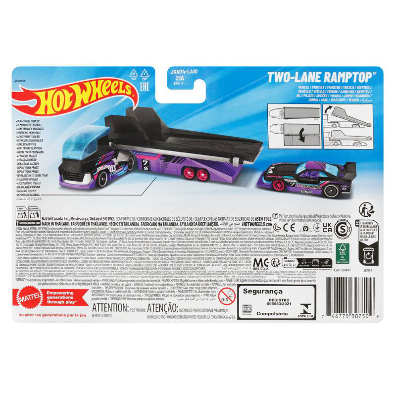 Hot Wheels Super Hauler Two-Lane Ramptruck + GT Scorcher Let's Race (BDW51)