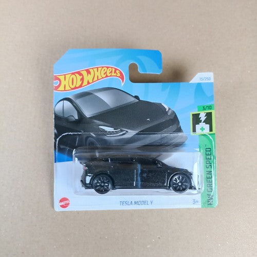 2024 Hot Wheels Tesla Model Y Grau HW Green Speed Short Card mit leichtem Kartenschaden