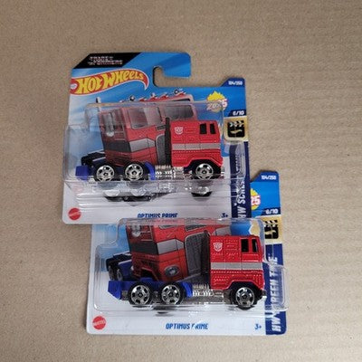 Lot 2x 2025 Hot Wheels Optimus Prime Transformers Red Short Card