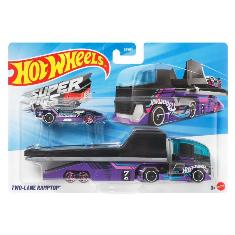 Hot Wheels Super Hauler Two-Lane Ramptruck + GT Scorcher Let's Race (BDW51)