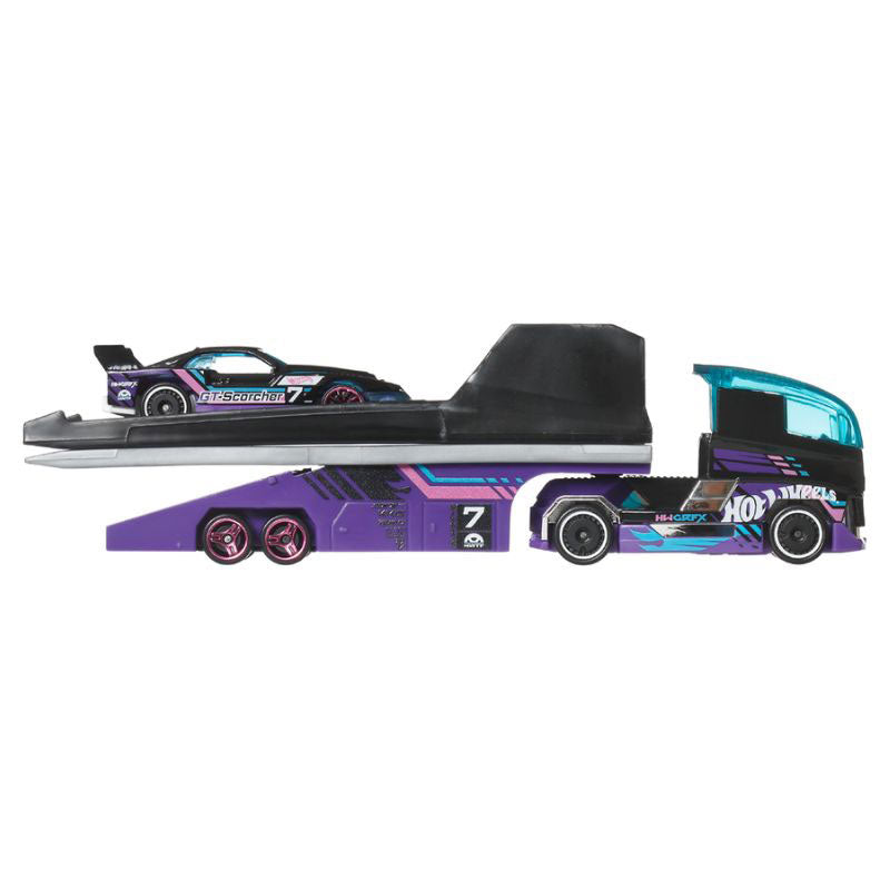 Hot Wheels Super Hauler Two-Lane Ramptruck + GT Scorcher Let's Race (BDW51)