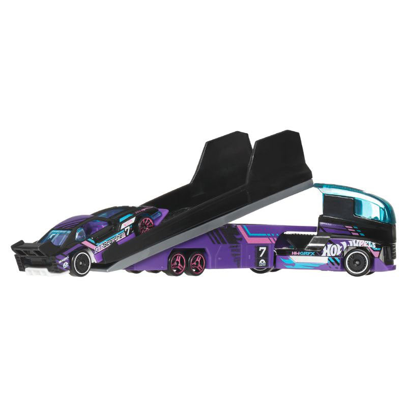 Hot Wheels Super Hauler Two-Lane Ramptruck + GT Scorcher Let's Race (BDW51)