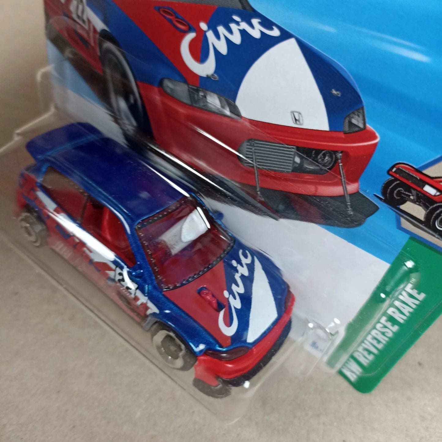 2025 Hot Wheels Honda Civic Custom Red Blue HW Reverse Rake Short Card