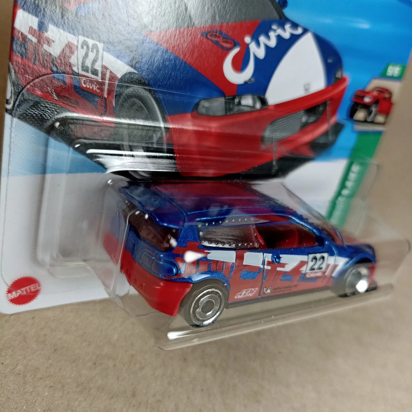 2025 Hot Wheels Honda Civic Custom Red Blue HW Reverse Rake Short Card