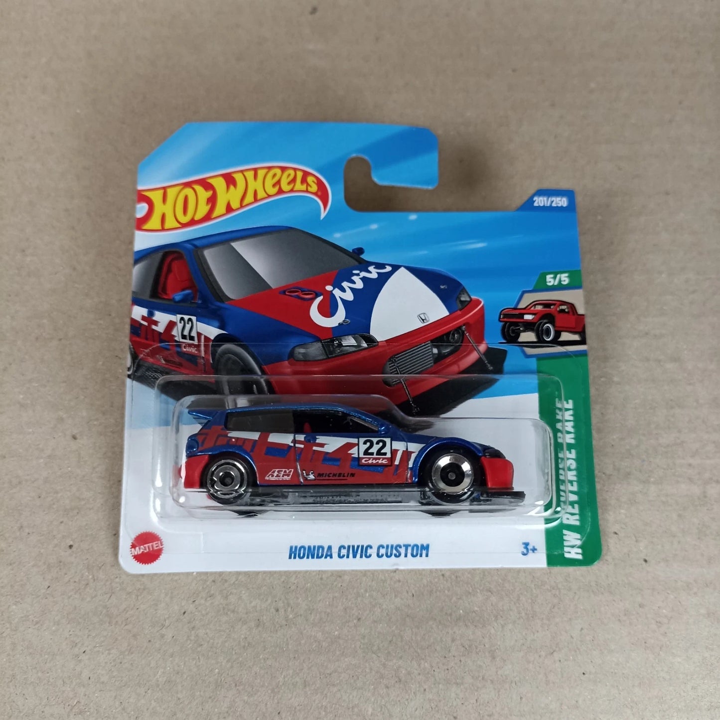 2025 Hot Wheels Honda Civic Custom Red Blue HW Reverse Rake Short Card